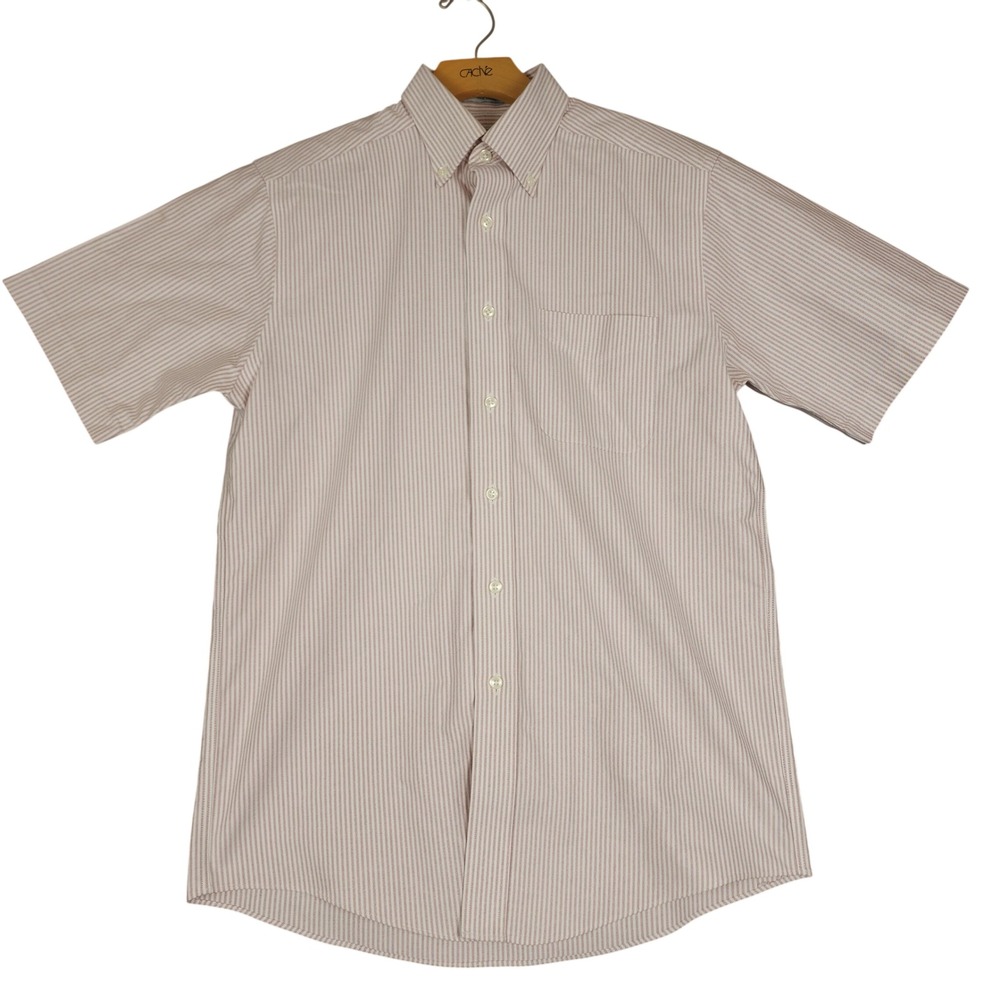 LL Bean Mens Short Sleeve Oxford Shirt Red White Stripe Wrinkle Resistant 215176